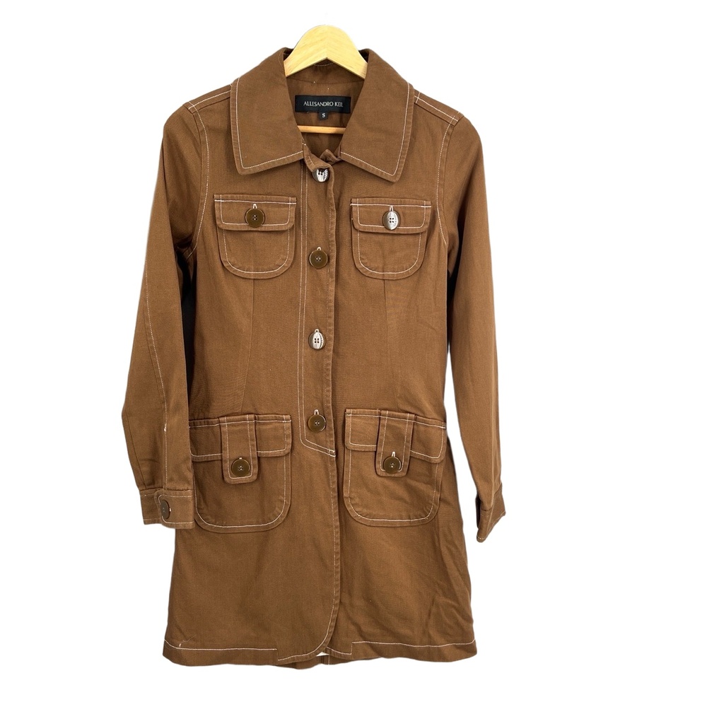 Allessandro Keil Utility Jacket Brown Button Front Long Mod Style‎ Size Small